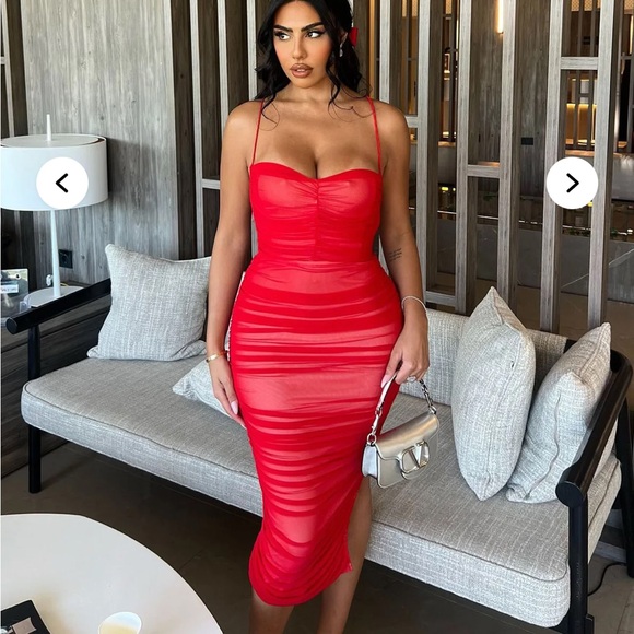 Red Ruched Bodycon Dress - Picture 4 of 7